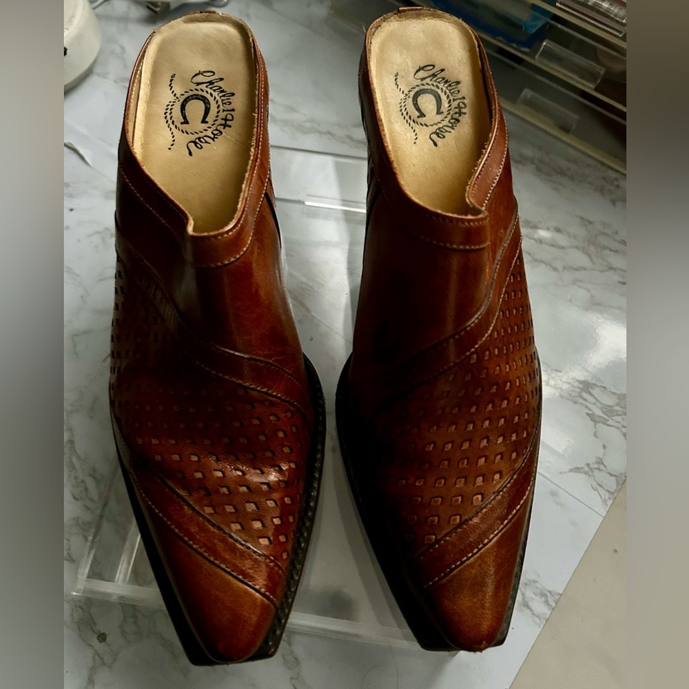 Charlie House Brown Leather Western Mules. Size 8